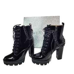 Wet Kiss Women's Black Leather Lace-Up Chunky Heel Zipper & Chain Ankle Boots #8